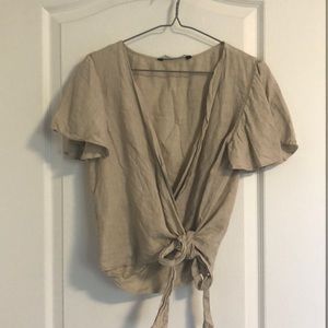 ZARA Linen Tie Front Short Sleeve Blouse